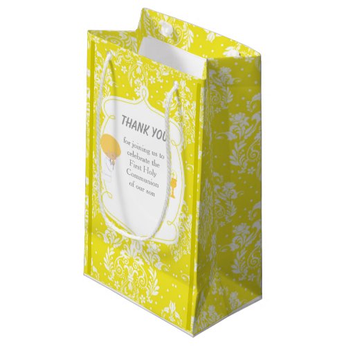 First Communion Yellow Damask Blonde Boy Thank You Small Gift Bag