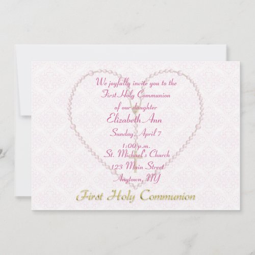 First CommunionPink Rosary Beads Heart Custom Invite