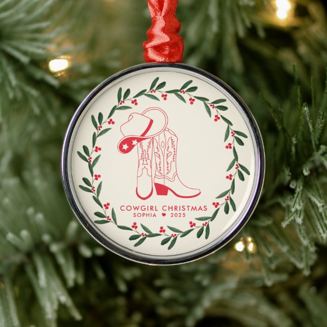 First Cowgirl Christmas Cute cowboy boots Metal Ornament (Tree)