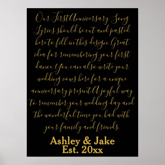 First Dance Song Lyrics Anniversary Gift Newlywed Poster (Front)