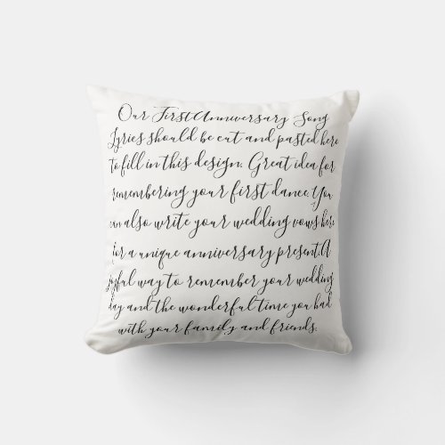 First Dance Song Lyrics Anniversary Gift Newlywed Throw Pillow