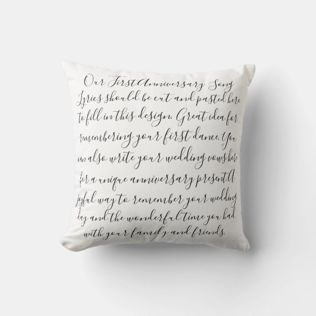 First Dance Song Lyrics Anniversary Gift Newlywed Throw Pillow (Front)