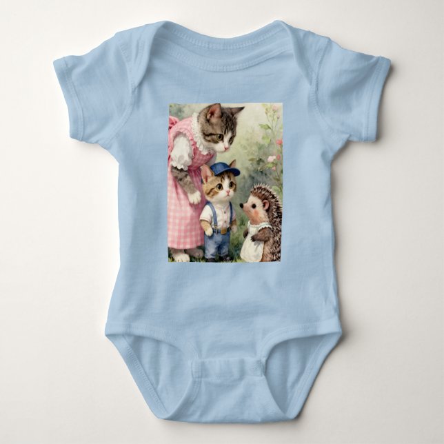 First Day Greetings –  Kitten & Hedgehog Baby Bodysuit (Front)