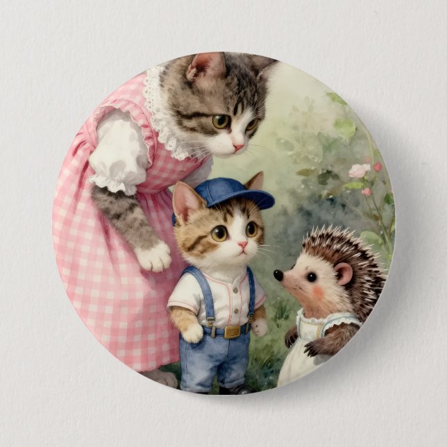 First Day Greetings –  Kitten & Hedgehog Button (Front)