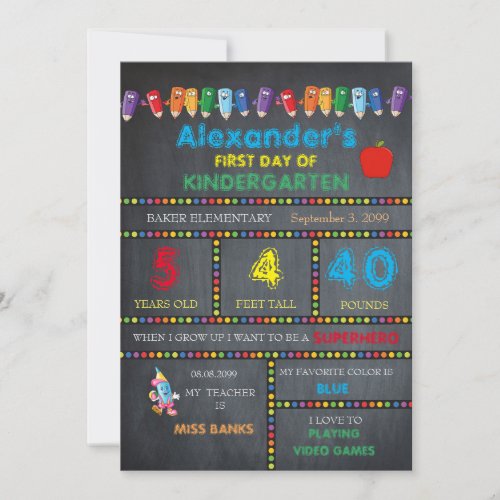 First Day Kindergarten card BOYChalkboard