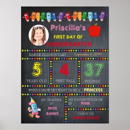 First Day Kindergarten girlchalkboard signphoto Poster