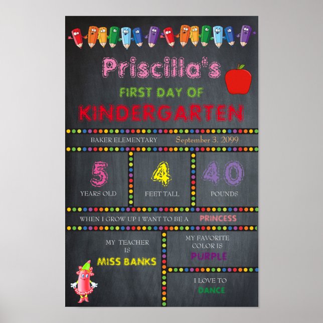 First Day Kindergarten GIRL,Small Size,Chalkboard Poster (Front)