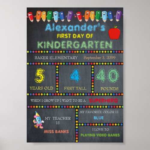 First Day Kindergarten Sign BOYChalkboard Poster