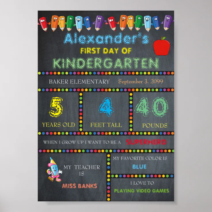 First Day Kindergarten Sign Boychalkboard Poster Zazzle