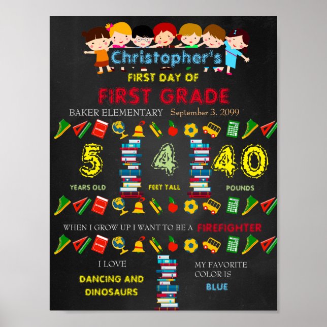 First Day of FIRST GRADE Sign BOY, Black & colors (Front)