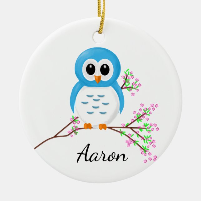 First Day of Kindergarten, Cartoon Owl on a Branch Ceramic Ornament (Front)