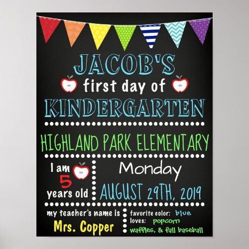 First Day of Kindergarten Chalkboard Poster