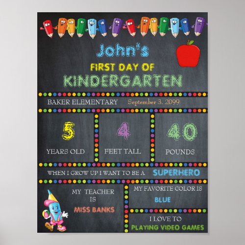 First Day of Kindergarten Sign BOY Chalkboard