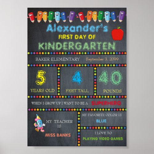 First Day of Kindergarten Sign BOY Chalkboard 2