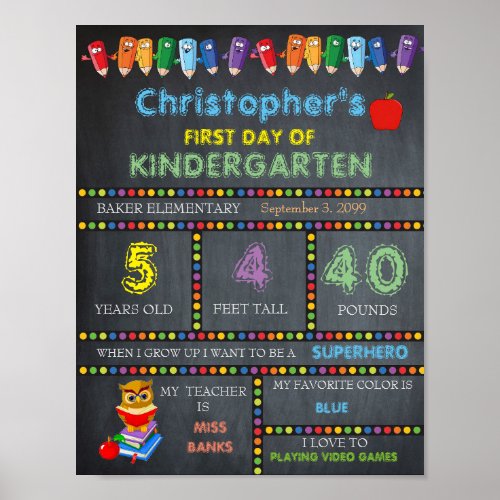 First Day of Kindergarten Sign Chalkboard Poster