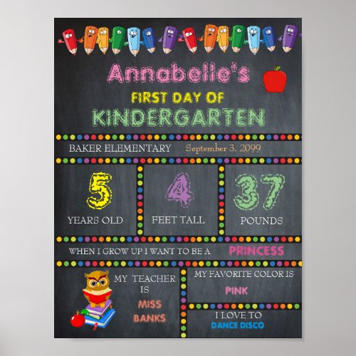 First Day of Kindergarten Sign GIRL Chalkboard