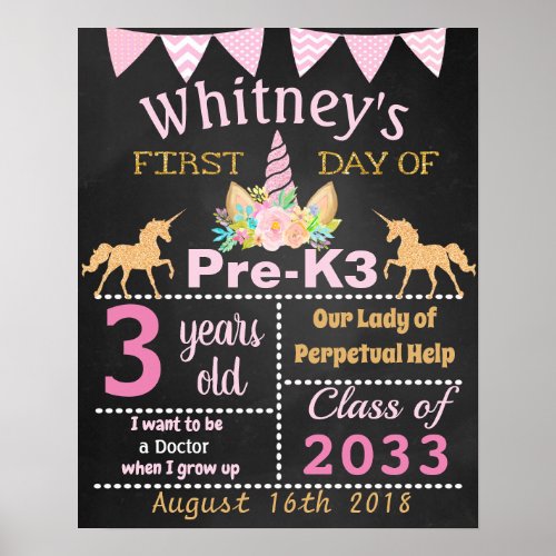 First day of Pre_k school Unicorn Poster
