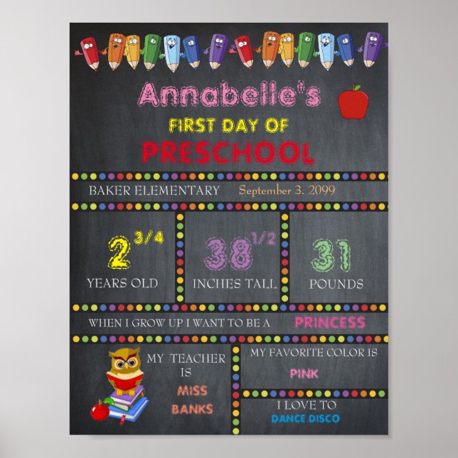 First Day of Preschool Sign GIRL, Chalkboard (Front)