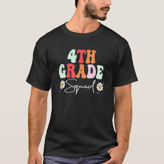 First Day Of School 4th Grade Squad Retro Groovy T-Shirt (Front)