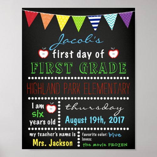 First Day of School Boys Chalkboard Back to School Poster