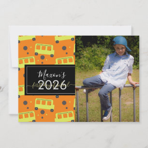 First Day of School Bus Pattern Script Photo Card