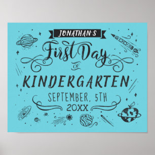 First Day of School Chalkboard Outer Space Blue Poster