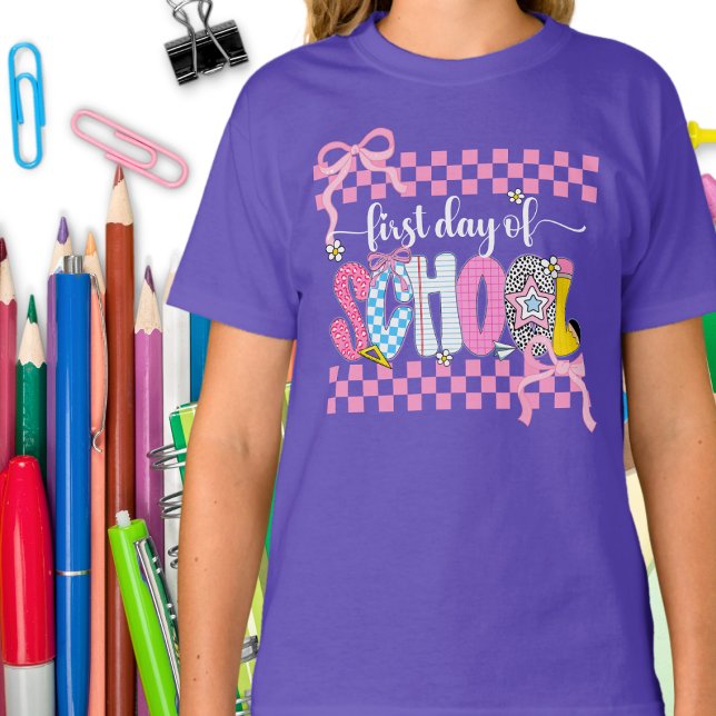 First Day of School Checkered Coquette Bow Preppy T-Shirt (Creator Uploaded)