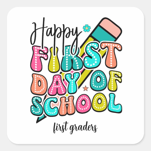 First day of school colorful elementary retro  square sticker (Front)