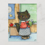 First Day Of School - Cute Teacher Cat Art Postcard at Zazzle