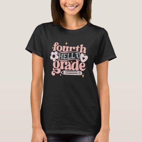 First Day Of School Retro Hello Fourth Grade Back  T_Shirt