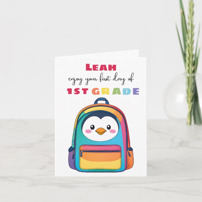First Day Penguin Backpack School Son Daughter Card (Front)