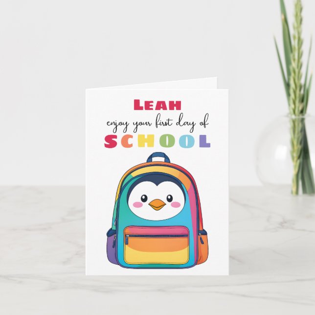 First Day Penguin Backpack School Son Daughter Card (Front)