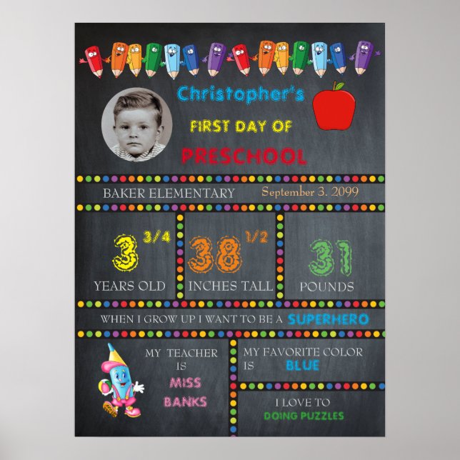 FIRST DAY PRESCHOOL boy,chalkboard sign,photo Poster (Front)
