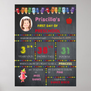FIRST DAY PRESCHOOL girl,chalkboard sign,photo Poster