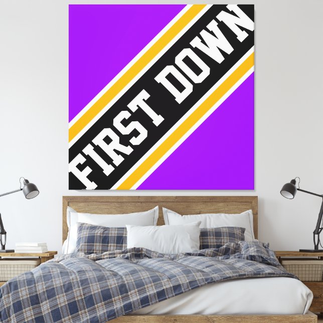 FIRST DOWN Bright Purple Black Orange Stripes Canvas Print (Insitu(Bedroom))