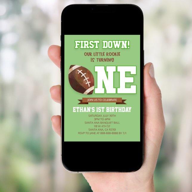 First Down Football Green ONE 1st Birthday Party  Invitation (Front Digital)