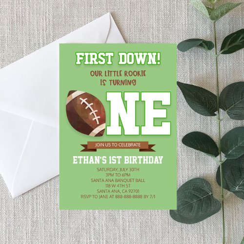 First Down Football Green ONE 1st Birthday Party  Invitation