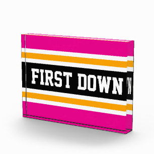 FIRST DOWN Fun Pink Black Orange Football Stripes Photo Block