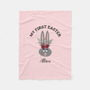 First Easter Blush Pink Floral Bunny Personalized Fleece Blanket