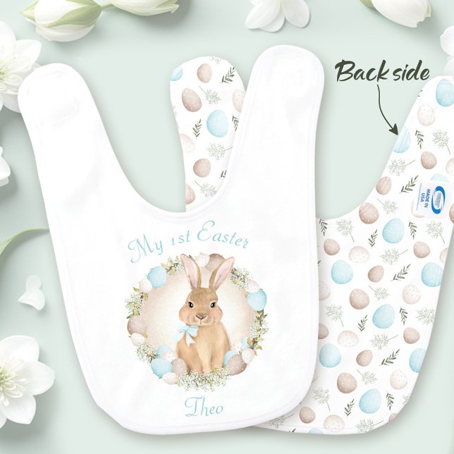 First Easter Bunny Boy Blue White Custom Name Baby Bib (First Easter Bunny Boy Blue White Custom Name Baby Bib)