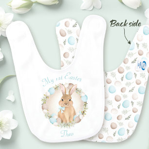 First Easter Bunny Boy Blue White Custom Name Baby Bib