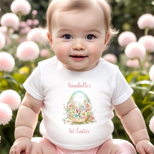 First Easter Floral Egg Personalized Name  Baby T-Shirt (First Easter Floral Egg Personalized Name Baby T-Shirt)