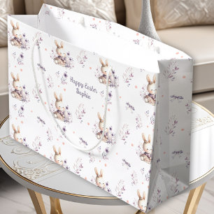 First Easter Girl Bunny Personalized Name Purple Large Gift Bag