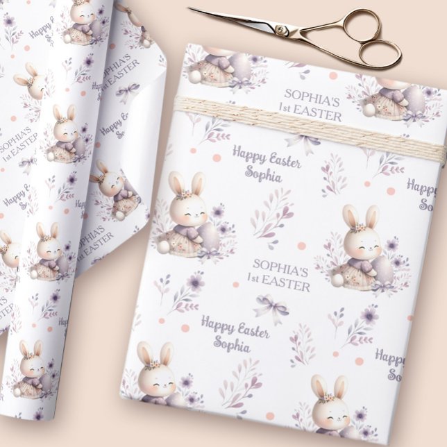 First Easter Girl Bunny Personalized Name Purple Wrapping Paper (First Easter Girl Bunny Personalized Name Purple Wrapping Paper)