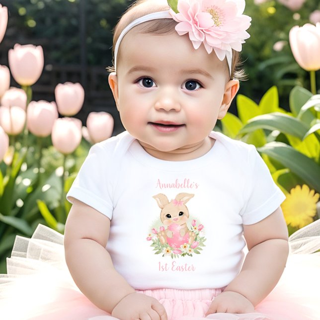 First Easter Personalized Name Girl Pink Bunny Egg Baby Bodysuit (First Easter Personalized Name Girl Pink Bunny Egg Baby Bodysuit)
