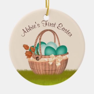 First Easter with Basket of Eggs photo on back Ceramic Ornament