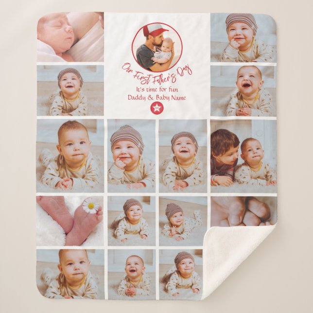 First Father’s Day Custom Photo Collage Gift Sherpa Blanket (Front)