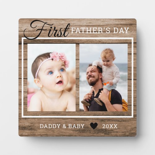 First Fathers Day 2 Photo Collage Rustic Wood Plaque