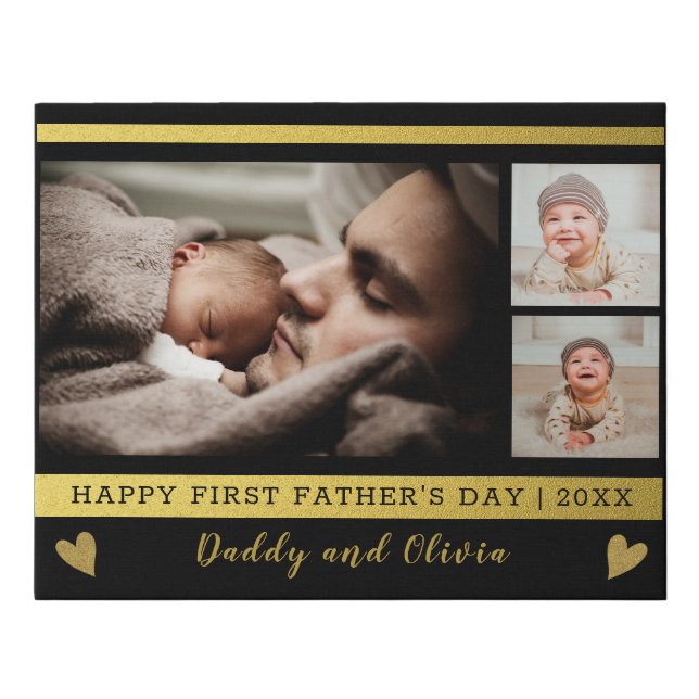 First Father's Day 3 Photo Collage Black And Gold Faux Canvas Print (Front)