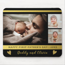 First Father&#39;s Day 3 Photo Collage Black And Gold Mouse Pad